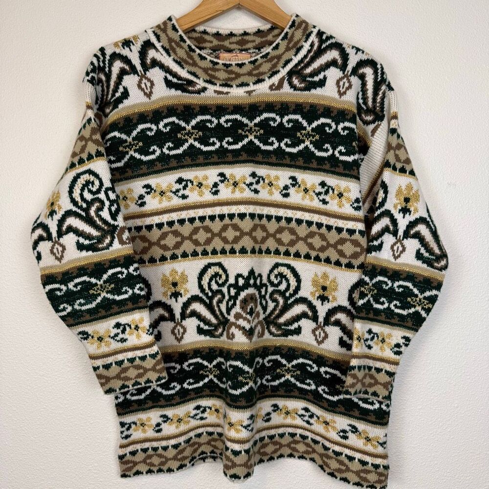 Vintage 80s Patterned Green & Gold‎ Sweater Size Medium
